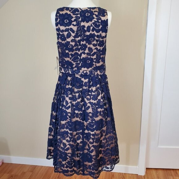 NWT Eliza J Navy Lace Illusion dress Fit & Flare Belted Cocktail sleeveless Sz 4 - Picture 8 of 16